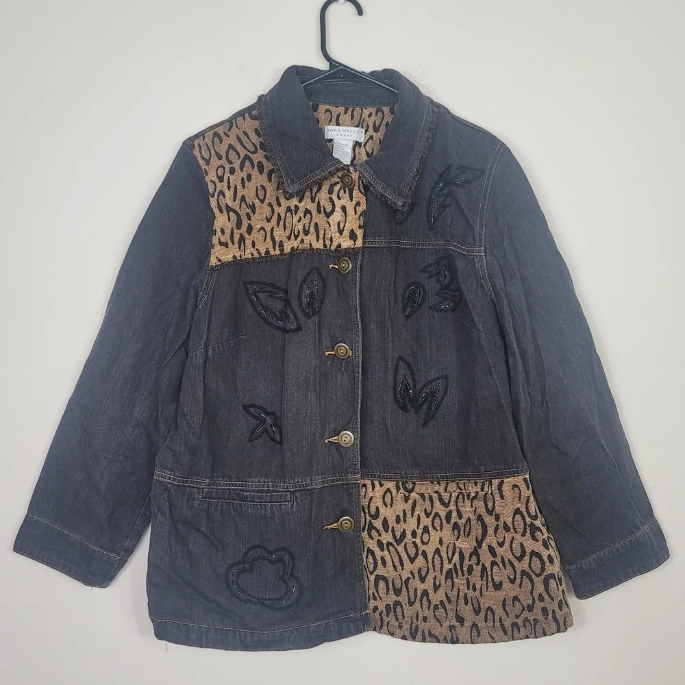 Napa Valley Denim 1X Jacket Leopard Print Animal Tapestry Patchwork Bead Y2K 90s